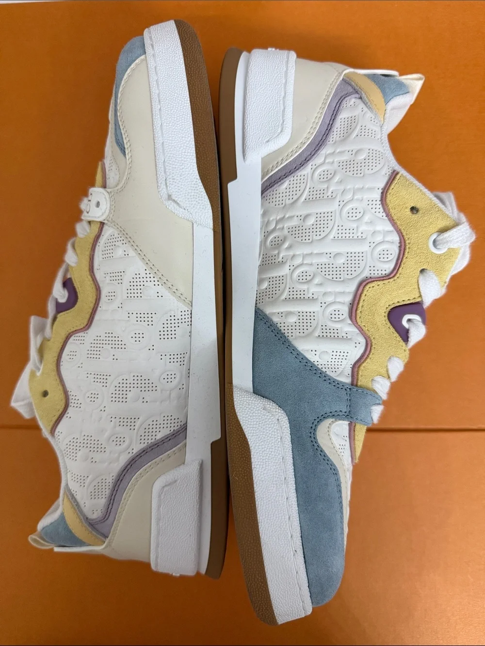 Dior Women's White Sneakers with Pastel Yellow, Blue & Purple Accents